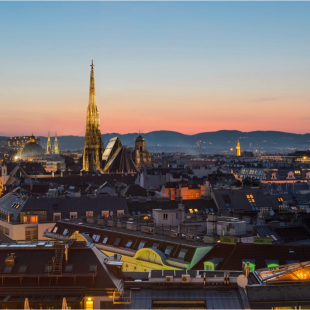 Wien mit Stephansdom im Sonnenuntergang